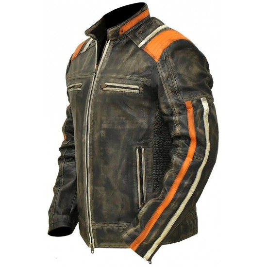 Men's Retro 3 Cafe Racer Biker Vintage Motorcycle Distressed Real Leather Jacket