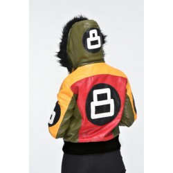 Women's Robert Phillipe Multicolor 8 Ball Bomber Leather Jacket with Fur Hood