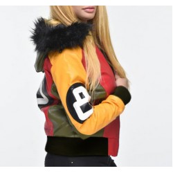 Women's Robert Phillipe Multicolor 8 Ball Bomber Leather Jacket with Fur Hood